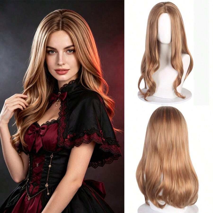 Middle Part Big Wave Brown Long Curly Cosplay Wig, Halloween Christmas Holiday Party Costume Anime Wig - Multicolor - View 1