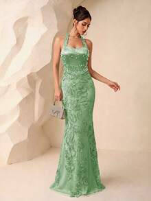 Mori Style Luxury Full-Body Floral Embroidery Beaded Long Dress, Halter Neck Mermaid Satin Evening Gown Fall - Green - View 2