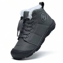 1 Pair Kids' Lace-Up Warm Lining Minimalist Style Closed-Toe Snow Boots, Suitable For Autumn/Winter Outdoor Travel - Dark Grey - View 4
