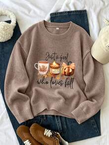 Sweater Rajut Lembut Leher Bulat Motif "Autumn Pumpkin Coffee" Terbaru untuk Wanita Ukuran Plus Musim Gugur/Dingin, Dapat Dicuci dengan Mesin - Khaki - View 1