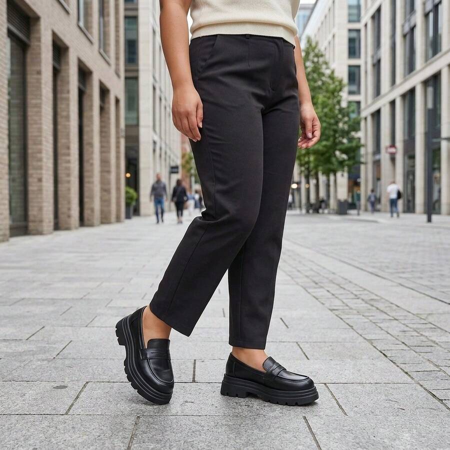 Thick Sole Women's Loafers, Plus Size Wide Fit, Platform Wedge Shoes, Autumn/Winter College Style British Versatile Leather Shoes For Wide Feet - Black Mouth-shaped - View 1