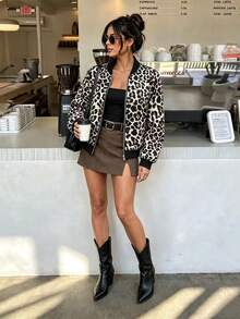 Women's New Lightweight Zip-Up Casual Leopard Print Baseball Jacket, Fashionable Regular Fit Vacation Spring - Mocha Brown - View 1