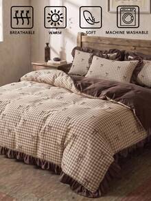 2pcs/3pcs Set Khaki Plaid Bow Digital Print Mocha Color Ruffle Duvet Cover Set (1 Duvet Cover + 1/2 Pillowcases, No Inserts), Polyester And Other Synthetic Fiber Material, Soft And Skin-Friendly, Suitable For Daily Indoor Use - Multicolor - View 7