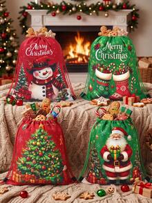 4件組聖誕紅綠抽繩背包，附聖誕老人、雪人、聖誕樹、聖誕襪圖案，聖誕快樂抽繩袋，束口口袋大禮袋，禮品包裝袋，聖誕派對禮物，聖誕裝飾，Xmas裝飾，聖誕家居裝飾，聖誕禮物，2027新年裝飾 - 彩色 - 查看 2