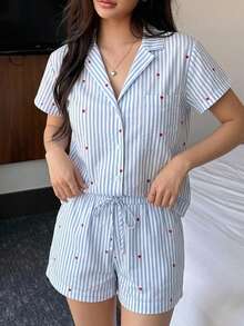 DAZY 女士条纹心形休闲睡衣套装，配有松紧腰短裤，适合春、夏、秋季穿着。 - 淺藍色 - 查看 2