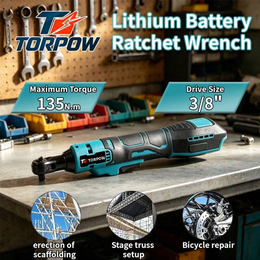Kunci Ratchet Elektrik Sudut Kanan TORPOW 135N.M 3/8", Hanya Alat Tanpa Baterai, Alat Listrik Isi Ulang, Cocok Untuk Perancah Dan Perbaikan Sepeda Motor, Kompatibel Dengan Baterai Lithium MT 18V-21V