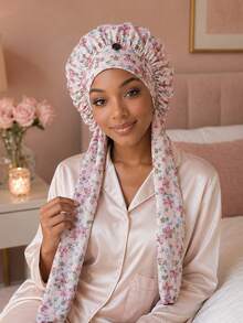 CONFLASS Penutup Kepala Sutra Es Motif Bunga & Cetak Vintage untuk Wanita, Topi Tidur Panjang yang Sejuk dan Halus dengan Tali Pengikat yang Dapat Diatur, Desain Tali Serut Anti-Kusut, Pelindung Rambut untuk Rambut Keriting dan Kepang Panjang - Beraneka warna - View 2