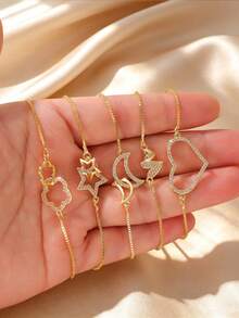 GEREIT 1pc 14k Gold Plated Copper Zirconia Moon Adjustable Pull Bracelet - Moon - View 3