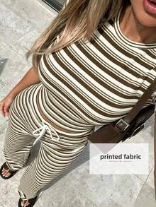Women's Striped Round Neck Top And Drawstring Waist Flare Pants Casual Outfit Summer, Vacationcore Brown Elegant - Brown - View 2
