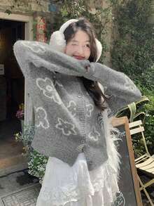 Women's Loose Short Jacquard Knit Cardigan Sweater Jacket, Round Neck, Versatile, Autumn/Winter - Grey - View 4