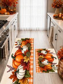 1pc Pumpkin Maple Leaf Plaid Pattern Kitchen Mat, Autumn Country Farmhouse Style, Non-Slip Wear-Resistant Design, Suitable For Autumn, Thanksgiving, Harvest Celebration, Kitchen, Entryway And Home Decor - Multicolor - View 4