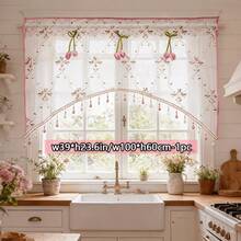 1pc French Romantic Floral Embroidered Arch Window Curtain, Pink Tulip Decorative Beaded Short Curtain, Rod Pocket Short Sheer Curtain, Pastoral Translucent Kitchen Bay Window Decorative Small Curtain - Baby Pink - View 10