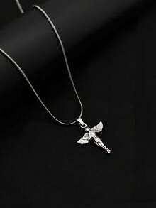 1pc Stainless Steel Minimalist Personalized Wing Jesus Figure Pendant Necklace, Vintage French Style Collarbone Chain - Multicolor - View 4