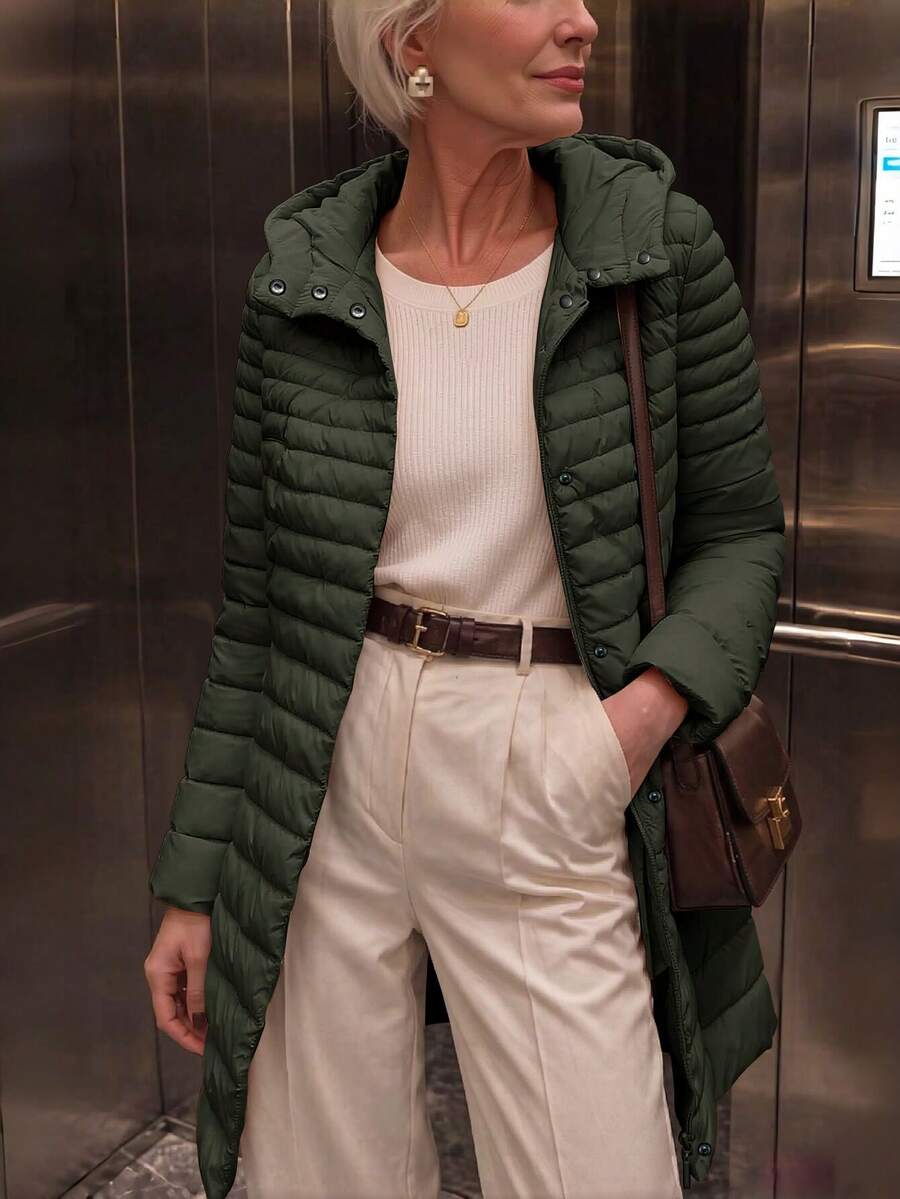 女款休閒連帽羽絨外套,附口袋,輕量,適合日常穿著 - 綠色 - 查看 1