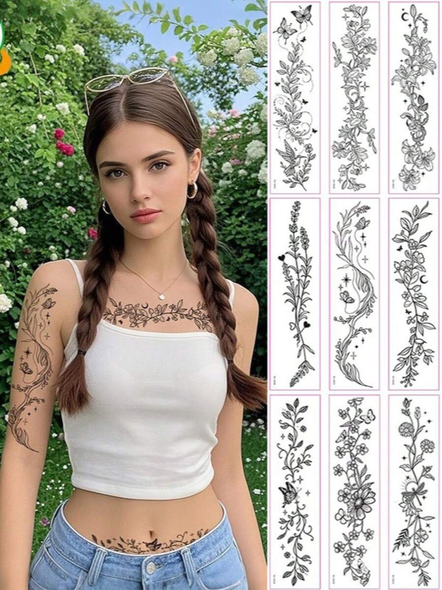 10pcs Waterproof Black White Wild Floral Temporary Tattoo Stickers Sexy Design For Clavicle Chest Arm Fashion Fake Tattoo - Multicolor - View 1