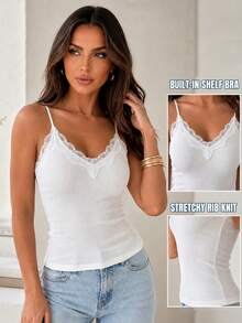 ChicMe Women Built-In Bra Cami Top V-Neck Spaghetti Straps Lace Spliced Ribbed Slim Fit Tank Shirt Daily Casual Wear - Beige - View 5
