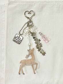 Dedoo Deer-Shaped Keychain Pendant, Lace Pearl Bow Bag Charm, Korean Sweet Clover Backpack Hanging Chain, Y2K Girly Style Gift - Multicolor - View 7