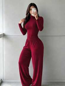 Autumn Women's Solid Color Minimalist Casual Set: Crew Neck Long Sleeve Top And Straight Leg Elastic Waist Pants (2 Pieces Set) - Burgundy - View 1