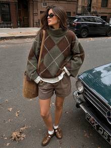 Women's Autumn/Winter Jacquard Knit Pullover Sweater, Olive Green, Back To School Season Color Block Patchwork Diamond Pattern, Old Money Style - Multicolor - View 6