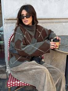 Women's Autumn/Winter Jacquard Knit Pullover Sweater, Olive Green, Back To School Season Color Block Patchwork Diamond Pattern, Old Money Style - Multicolor - View 8