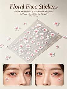 1pc Iridescent Pearlescent Flower Face Decoration Sticker With Rhinestone Embellishments, Soft Pink Floral Pattern, Waterproof Sweet Girl Style Makeup Decal For Birthday, Date, Photoshoot, Bridesmaid Makeup,Halloween Costume - Multicolor - View 1