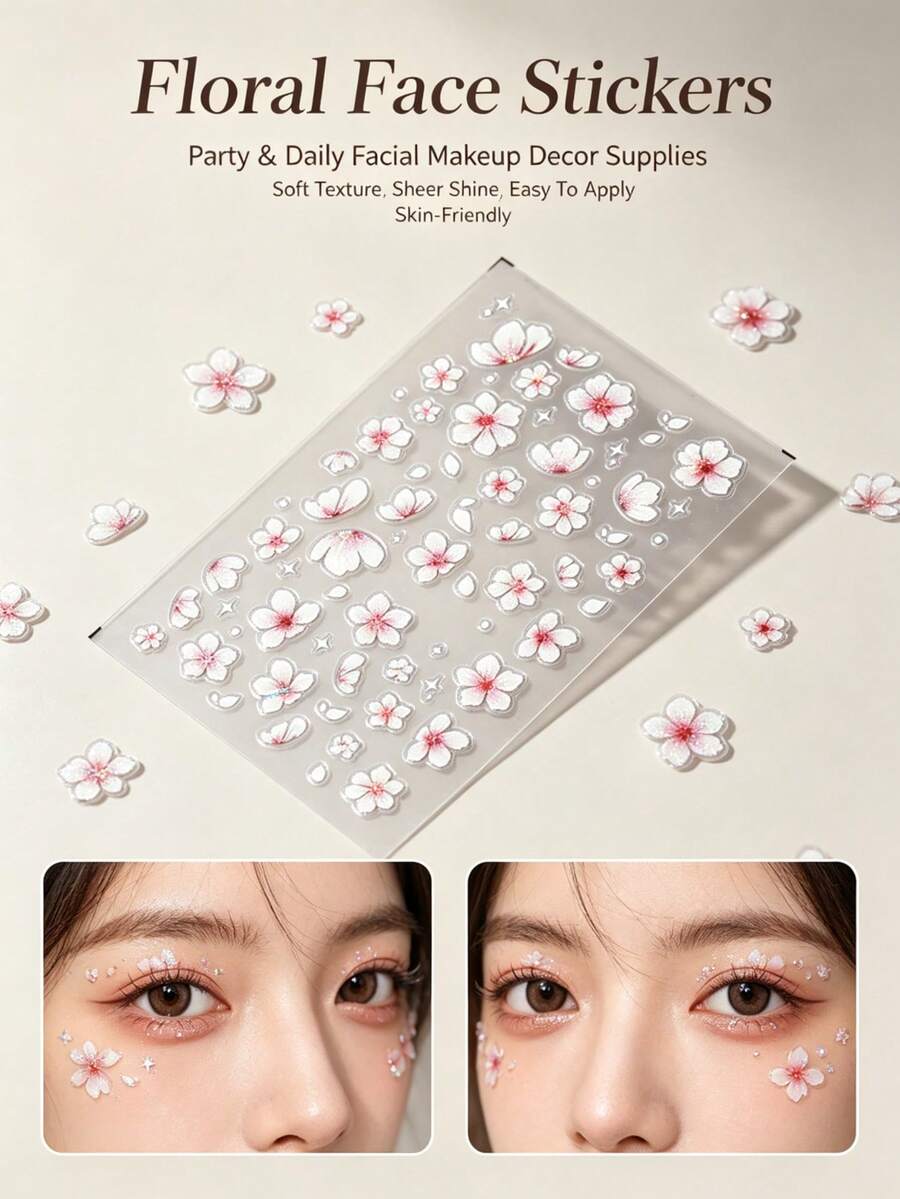 1pc Iridescent Pearlescent Flower Face Decoration Sticker With Rhinestone Embellishments, Soft Pink Floral Pattern, Waterproof Sweet Girl Style Makeup Decal For Birthday, Date, Photoshoot, Bridesmaid Makeup,Halloween Costume - Multicolor - View 1