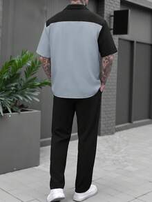 Spring/Autumn Mature Style Color Block Vertical Stripe Short Sleeve Single-Breasted Fitted Shirt With Elastic Drawstring Loose Long Pants Solid Color 2 Pieces Set, Urban Casual Commute, Smooth Polyester Woven Fabric - Black - View 3