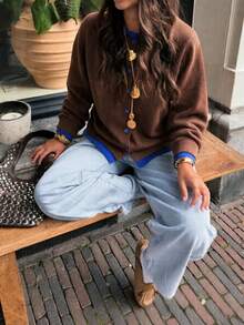 كارديجان نسائي من SEREN بتصميم عتيق وألوان متباينة، محبوك بقطعتين وهميتين، كنزة صوفية صوفية بياقة دائرية وأكمام طويلة فضفاضة، مناسبة للارتداء اليومي في الخريف/الشتاء - قهوة بني - مشاهدة 5