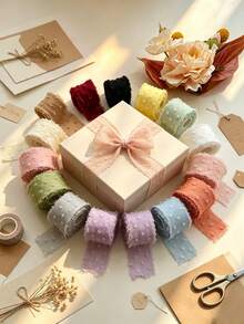 Multi-Color Pom Pom Textured Tassel Chiffon Ribbon, Frayed Edge Fabric Satin Ribbon, Suitable For Gift Wrapping, Wedding Bouquet Bows, Hair Accessories, Party Handmade Decorations - Multicolor - View 4