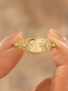1 pièce Bague ovale vintage dorée, bague de déclaration de style bohème avec gravure florale et décoration de zircone micro-incrustée, bague de mode élégante pour femmes pour le port quotidien et les cadeaux - Doré - Voir 4