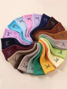 5 Pairs Kids Maillard Color Palette Bowknot Minimalist Small Pattern Autumn Winter All Season High Elasticity Sports Solid Color Mid-Calf Socks Random Color - Multicolor - View 2