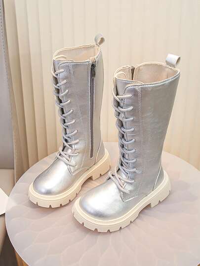 1 Pair Girls' Metallic Silver High-Top Boots, Lace-Up Side Zipper Thick Sole Knight Boots, Children's Fashion Runway Performance Long Boots