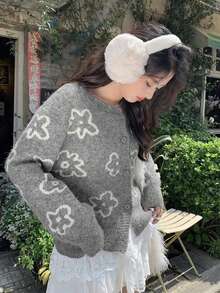 Women's Loose Short Jacquard Knit Cardigan Sweater Jacket, Round Neck, Versatile, Autumn/Winter - Grey - View 5