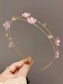 1pc Double Layer Alloy Thin Hair Tie With Faux Pearl Flower Decoration, Sweet Hair Accessory, Girls Headpiece - Multicolor - View 7
