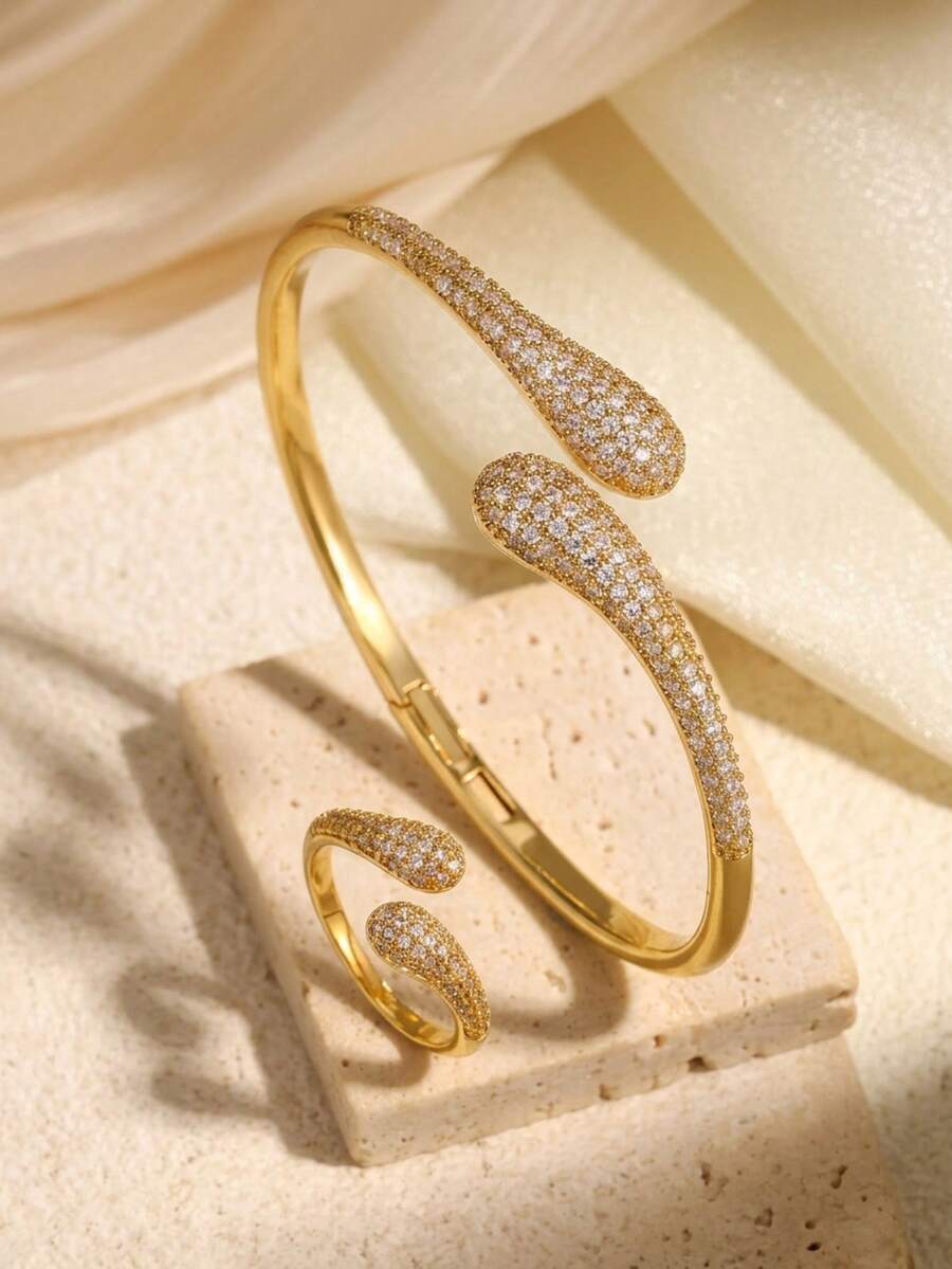 rakol Set Perhiasan Wanita 2 Buah Gelang dan Cincin Terbuka Berbentuk Tetesan Air Mata Warna Emas dengan Hiasan Batu Zirkonia Kubik - tetesan air - View 1