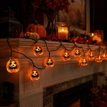1件 6米 40 LED 萬聖節恐怖氛圍南瓜燈串燈 Jack-O'-Lantern 電池供電，適用於露營、泳池、萬聖節派對、公園、鬼屋、壁爐、樹木、桌面裝飾 - 暖白色 - 查看 7