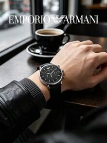 Armani Men's Aviator Chronograph Quartz Watch, Black Dial, Genuine Leather Strap, 50m Water Resistant, Tachymeter, AR11143 - Silver - View 3