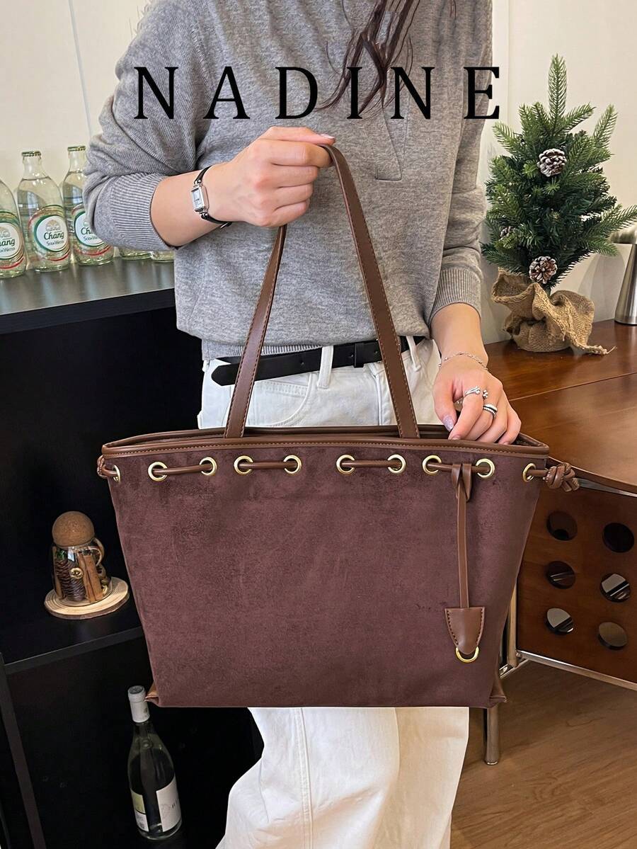 Minimalist Solid Suede Tote Bag, Dual Adjustable Buckle Straps With Metal Eyelet Details, Soft Slouchy Shape Portable Daily Outing Bag For Ladies