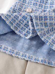 2pcs Set Baby Girl Exquisite Princess Cream White Ribbed Corduroy Long Sleeve Bodysuit & Matching Plaid Tweed Big Bow A-Line Mini Skirt Outfit, Spring Autumn Travel Photo Shoot Sweet Little Princess Style - Dusty Blue - View 7