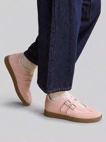 Giày sneaker đế bệt TCVC phối màu khối hai quai, giày Mary Jane tập luyện kiểu Đức retro, giày đi bộ thường ngày nữ - Hồng - Xem 3