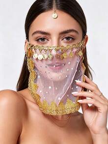 1pc Women's Belly Dance Outfit Handmade Chiffon Veil With Coins Hanging Elastic Band Dance Costume Face Covering Accessory, With Sequin Skirt Saree Sari Style Inspiration For Rave Performance. Suitable For Festivals, Parties, - Multicolor - View 5