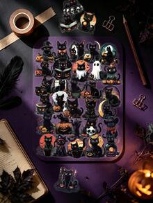 50 piezas Pegatinas transparentes de gato negro de Halloween, patrón vintage de gato oscuro, calabaza y fantasma, adecuadas para botellas de agua, álbumes de recortes, fundas de teléfono, escritorios, patinetas, cascos, materiales de decoración de fiestas, regalos de Halloween, regalos de cumpleaños - Multicolor - Ver 1