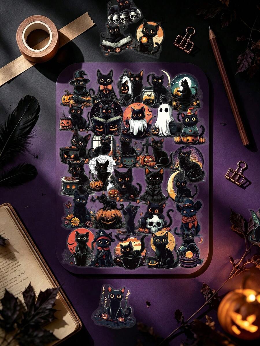 50 piezas Pegatinas transparentes de gato negro de Halloween, patrón vintage de gato oscuro, calabaza y fantasma, adecuadas para botellas de agua, álbumes de recortes, fundas de teléfono, escritorios, patinetas, cascos, materiales de decoración de fiestas, regalos de Halloween, regalos de cumpleaños - Multicolor - Ver 1