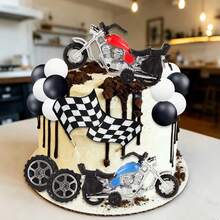 16pcs Motorcycle Theme Cake Toppers: Vintage Motorcycle Flags, Tires And Decorations, Suitable For Children's Birthday Party - Multicolor - View 4