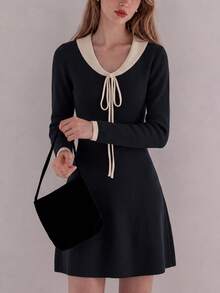 Women's Knitted Mini Sweater Dress, Contrast Color Collar And Drawstring Design, Long Sleeve Slim Fit Autumn/Winter Casual Style - Black - View 3