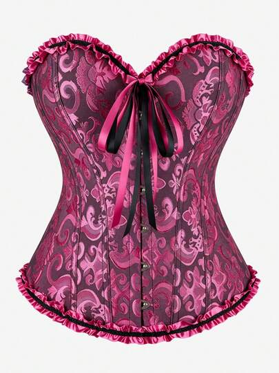 Vintage Halloween Costume Corset Bustier, Jacquard Heart-Shaped Neckline, Contrast Black & Pink Ruffle Lace Up Corset, Dark Theme Party Vampire Cosplay