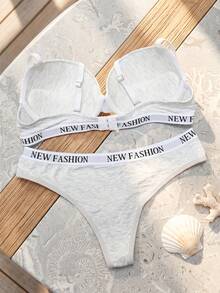 Letter Print Push-Up Bra & Panty Set, Underwire Bra And Panties 2-Piece Set - Light Grey - View 2