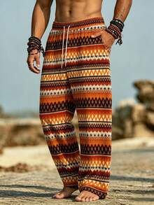 Men's Casual Beach Pants, Featuring INS Style Bohemian Orange Print With Sublimated Multi-Color Geometric Horizontal Stripes - Multicolor - View 2
