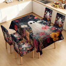 1/4/5/6/7/36pcs Halloween Series Pure White Ghost Pattern Print Chair Covers/Chair Slipcovers Set, Suitable For Indoor Home, Restaurant, Hotel, Ideal Choice For Modern Daily Decoration. Tablecloth Suitable For Square Dining Table, Elastic Chair Covers Are Washable. - Multicolor - View 7
