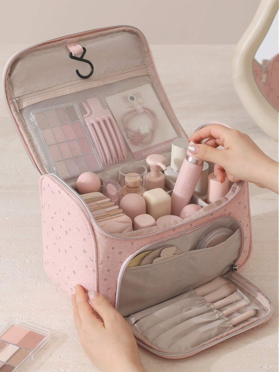 Myriad Stars Print Large Capacity Travel Toiletry Bag, Durable Oxford Cloth Multi-Function Storage Bag With Handle And Hook, Portable Multi-Purpose, Detachable Compartment Partition, Suitable For Cosmetics, Skincare, Camera Bag, Digital Storage, Medicine Storage Box - Multi-compartment - Hook Style - View 1